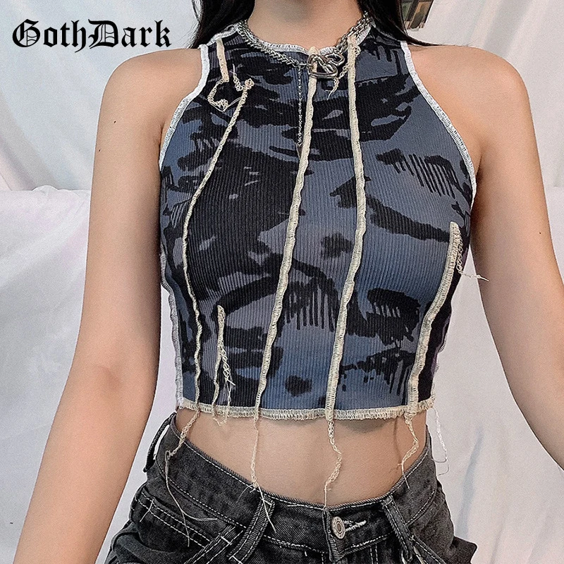 

Goth Dark Hot Tie Dye Printing Gothic Tank Tops 90s Streetwear E-girl Patchwork Sleeveless O-neck Skinny Women Crop Tops Autumn