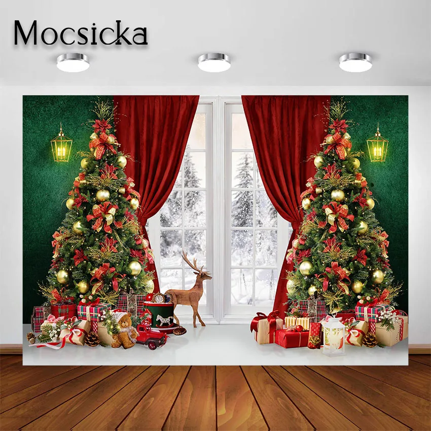 

Mocsicka Christmas Photography Backdrop White Window Red Curtains Christmas Tree Gifts Background for Kids Portrait Photo Studio