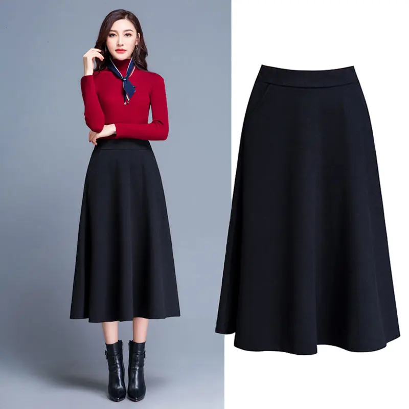 

Autumn Winter Woolen Skirts Pocket Midi Skirt Women Plus Size Feminine Lady High Waist Empire A-Line Skirt Black Red Grey Skirts