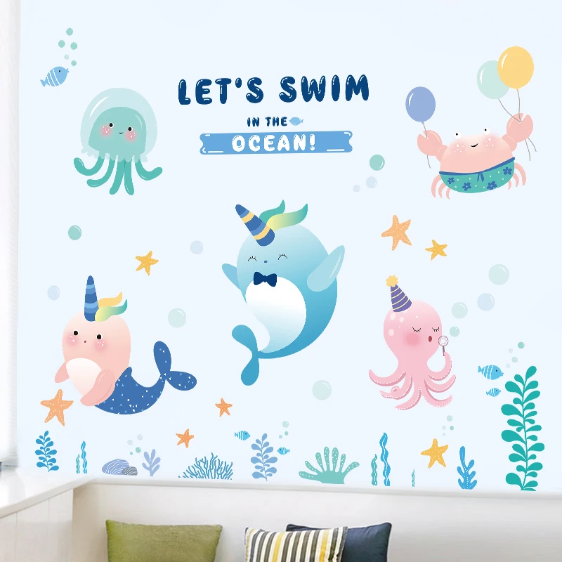 Cartoon Ocean PVC Wall Stickers for Kids rooms Bathroom Nursery Decor Waterproof Vinyl Baseboard Decals Art Home Decoration | Дом и сад