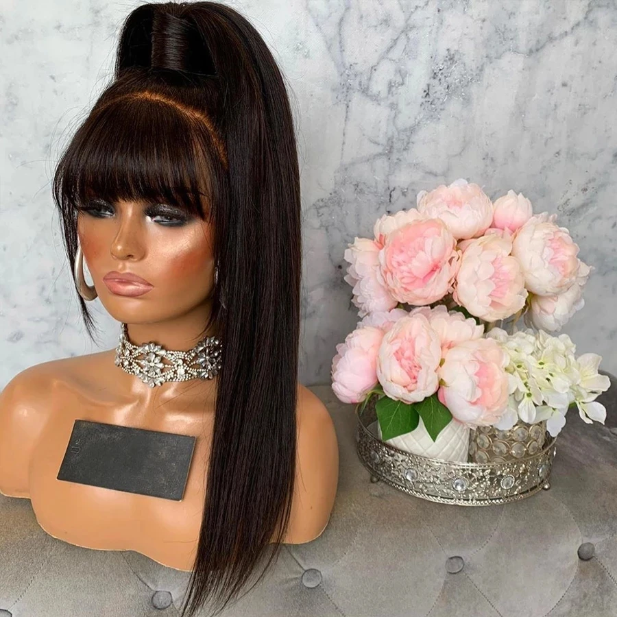 

High Temperature Heat Resistant Fiber Hair Long Straight Synthetic Lace Front Wigs With Bangs For Women Fringe wigs
