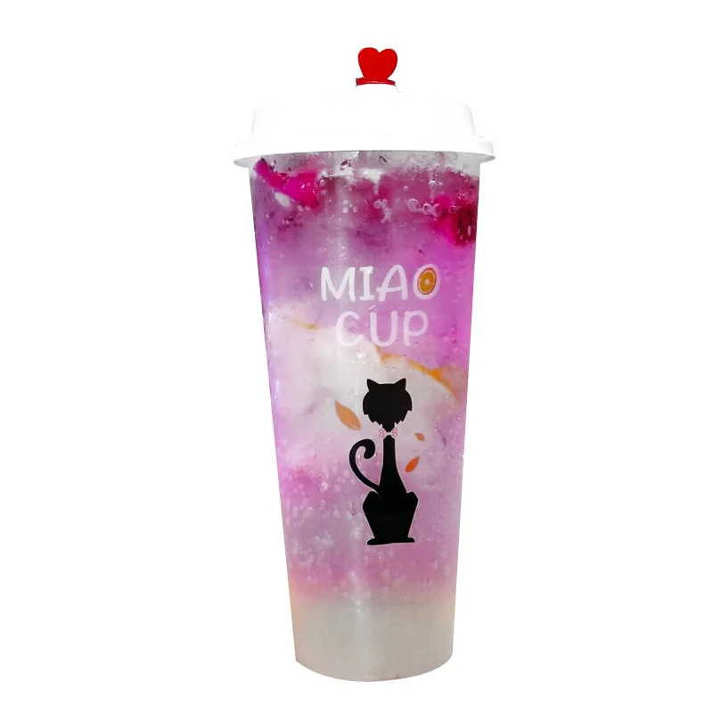 

50pcs Transparent carton cat pattern disposable cold drink packaging cups 500ml 700ml thick milk tea juice plastic cup with lid