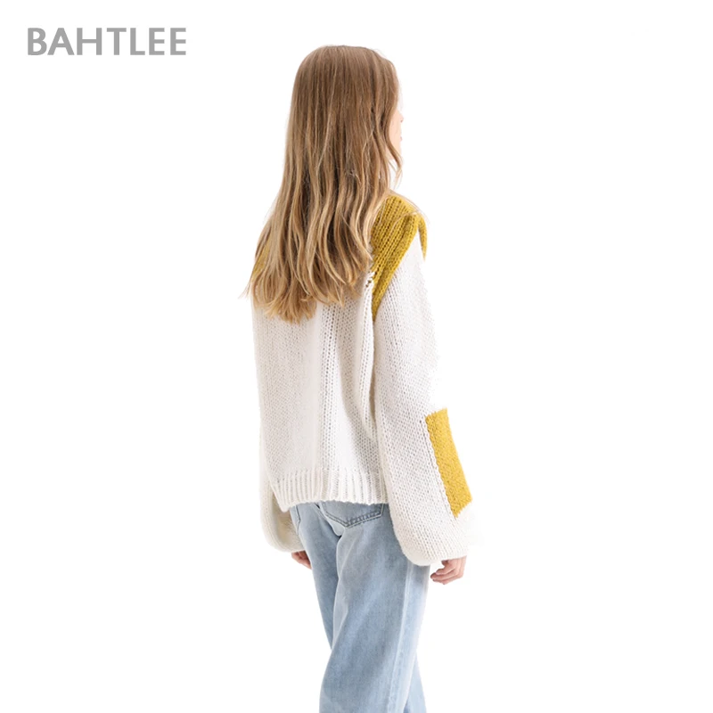 BAHTLEE Winter Women Mohair Thick Pullover O-Neck Sweater Long Lantern Sleeves Wool Color Matching Knitted Jumper Loose Style