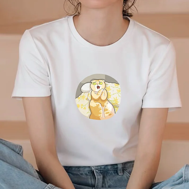 

T-shirts Women 90s Casual Scared Cat Kawaii Cute Fashion Clothes Stylish Tshirt Top Lady Print Girl Tee T-Shirt