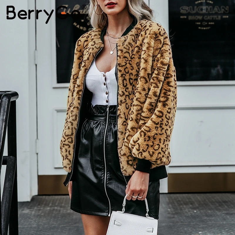BerryGo повседневное леопардовое пальто с искусственным мехом Женская Осенняя
