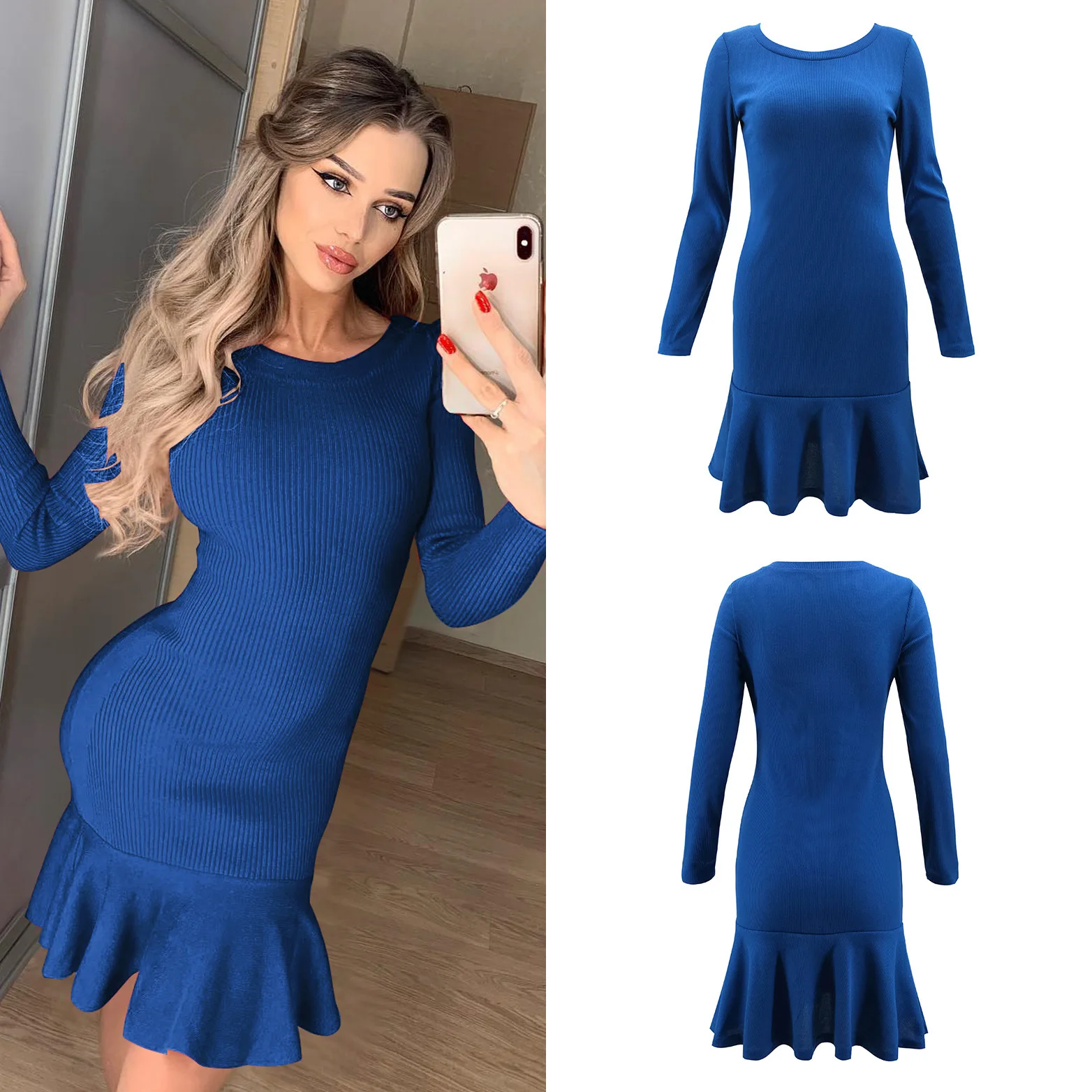 

Spring And Autumn Fashion Trend New Products Women's Solid Color O-neck Fungus Skirt Long-sleeved Sexy Slim-fit Dress Women