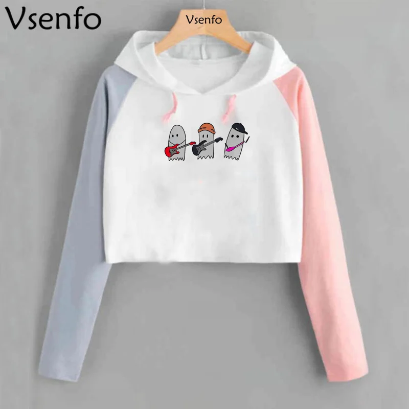 

Укороченный свитшот Julie and The Phantoms, женские толстовки в стиле Харадзюку, женские Лоскутные Топы, укороченный топ с капюшоном, большие размеры