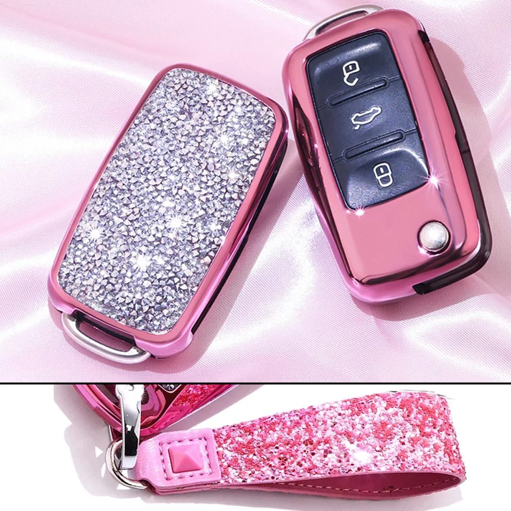 

3d Bling Shiny Rhinstone Crystals Key Fob Case Cover for Volkswagen VW Skoda with Keychain Strap for Ladies Girl Momen