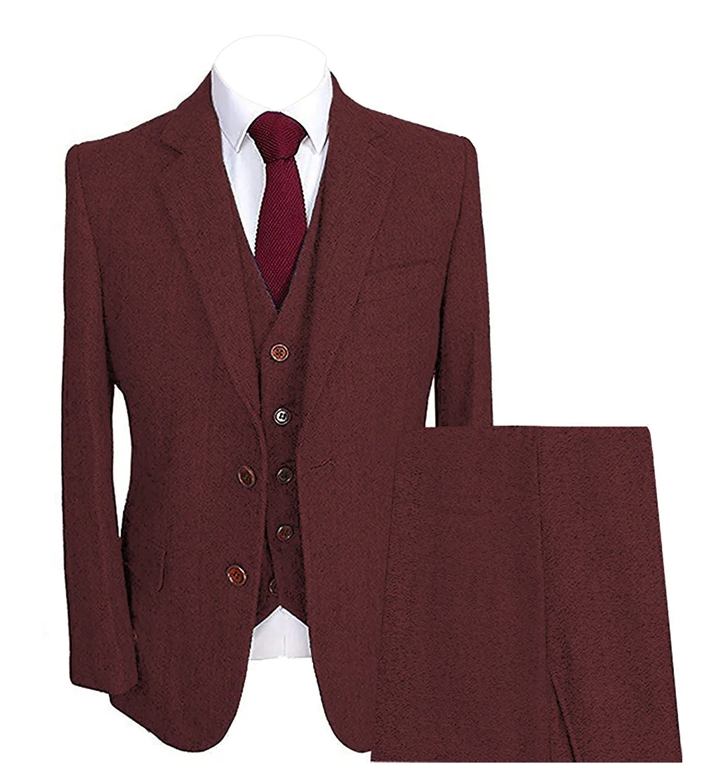 burgundy Мужские шерстяные Твидовые костюмы из 3 предметов, строгие смокинги с отворотом и узором в елочку, блейзер, приталенный Зимний свадебный костюм жениха(Блейзер+ жилет+ брюки - Цвет: burgundy