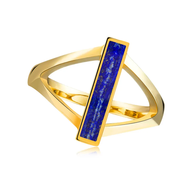 

One Line Solid 925 Sterling Silver Ring Inlaid with Natural Lapis Lazuli Crystal 18K Gold Plating for Women Blue Crystal Ring