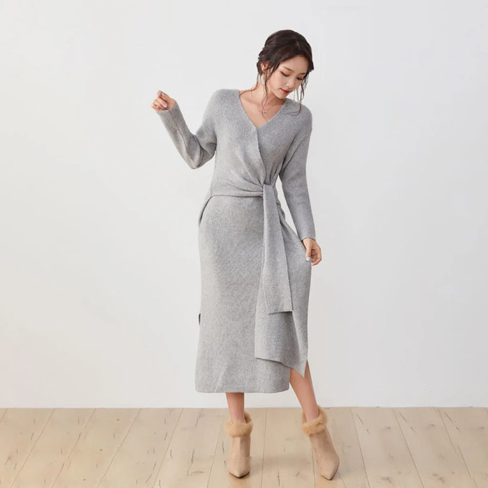 

Women's Dress Mid-Calf Long Sleeve V-Neck Single Plain With Belt Pullover New Style Suit Fall Winter Casual Female Knit Dress