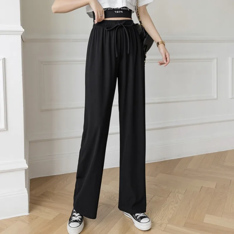 

#2123 Summer Knitted Straight Pants Women Elastic Waisted Casual Trousers Ankle-length Solid Thin Loose Wide Leg Pants Female