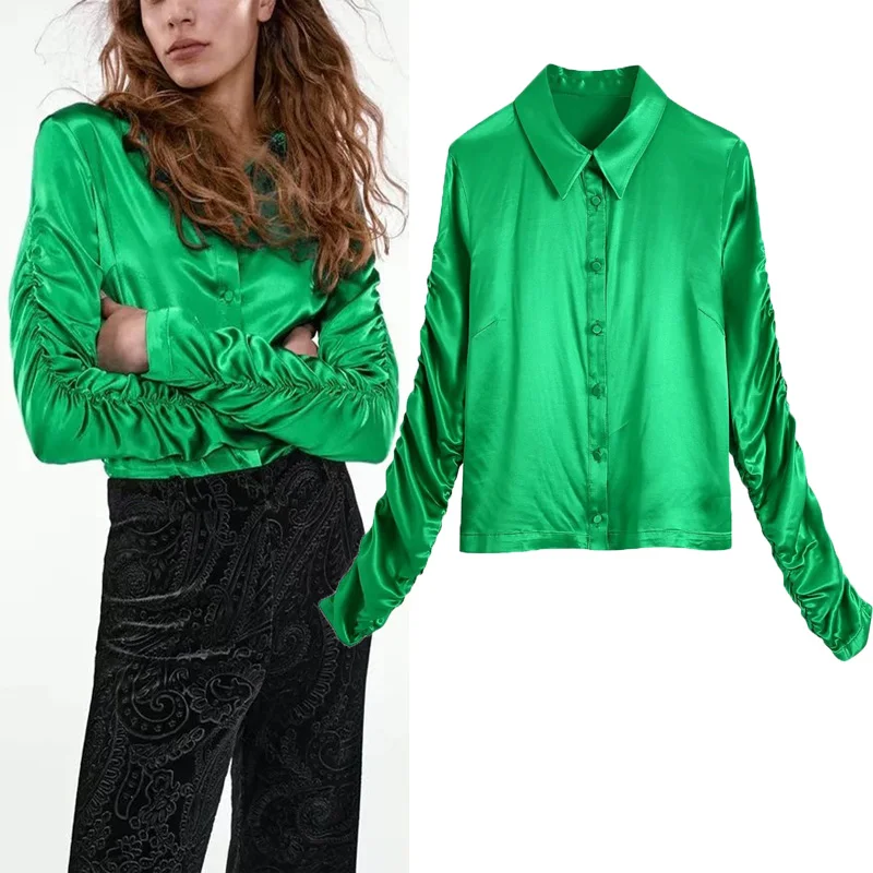 

Женская плиссированная блузка Za, зеленая Повседневная офисная рубашка на пуговицах с декоративными рукавами и отложным воротником, Осень-з...