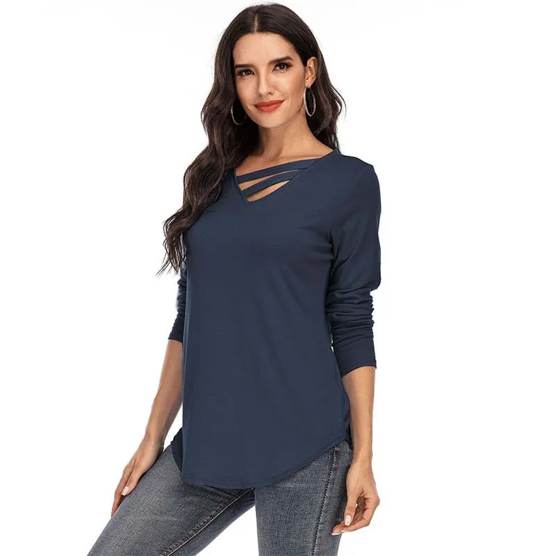 

Женская Асимметричная футболка с длинным рукавом и V-образным вырезом