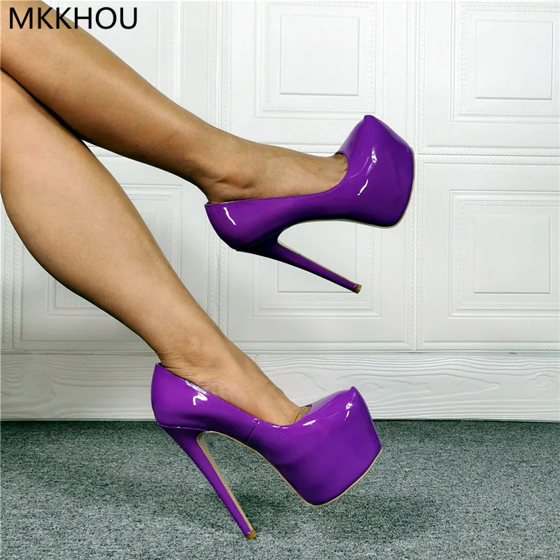 MKKHOU Fashion Women High Heels New Purple Pumps Bright Leather Platform Shoes Sexy Stiletto 16cm Super High Heels Large Size