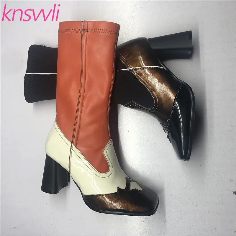 Новейшая модель короткие эластичные сапоги на высоком массивном каблуке женские