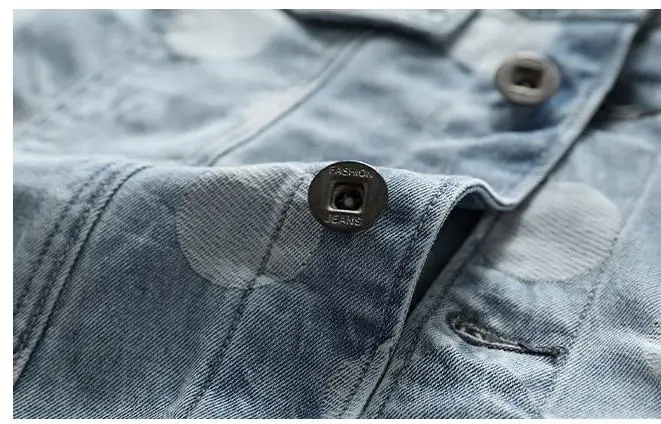 BONJEAN Mens Polka Dot Denim Jacket Mal Rock Fashion Light Blue Slim Casual Biker Jackets Coat Drop Shipping