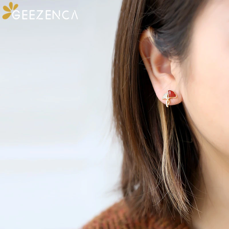 

925 Sterling Silver Gold Plated Ginkgo Leaf Agate Stud Earrings For Women Fine Jewelry Zircons Earring Elegant Trendy Party Gift