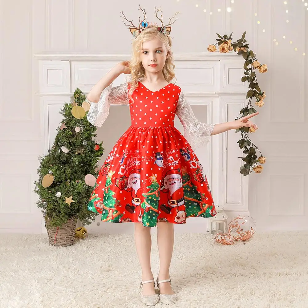 Детское бальное платье для девочек с принтом в виде снежинок и деда мороза 2021 |
