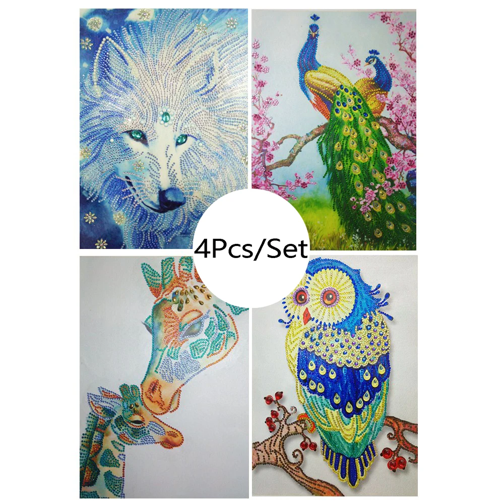 

4Pcs/set Special Shaped Diamond Painting Peacock Wolf Owl Giraffe DIY 5D Partial Drill Cross Stitch Kits Crystal Rhinestone