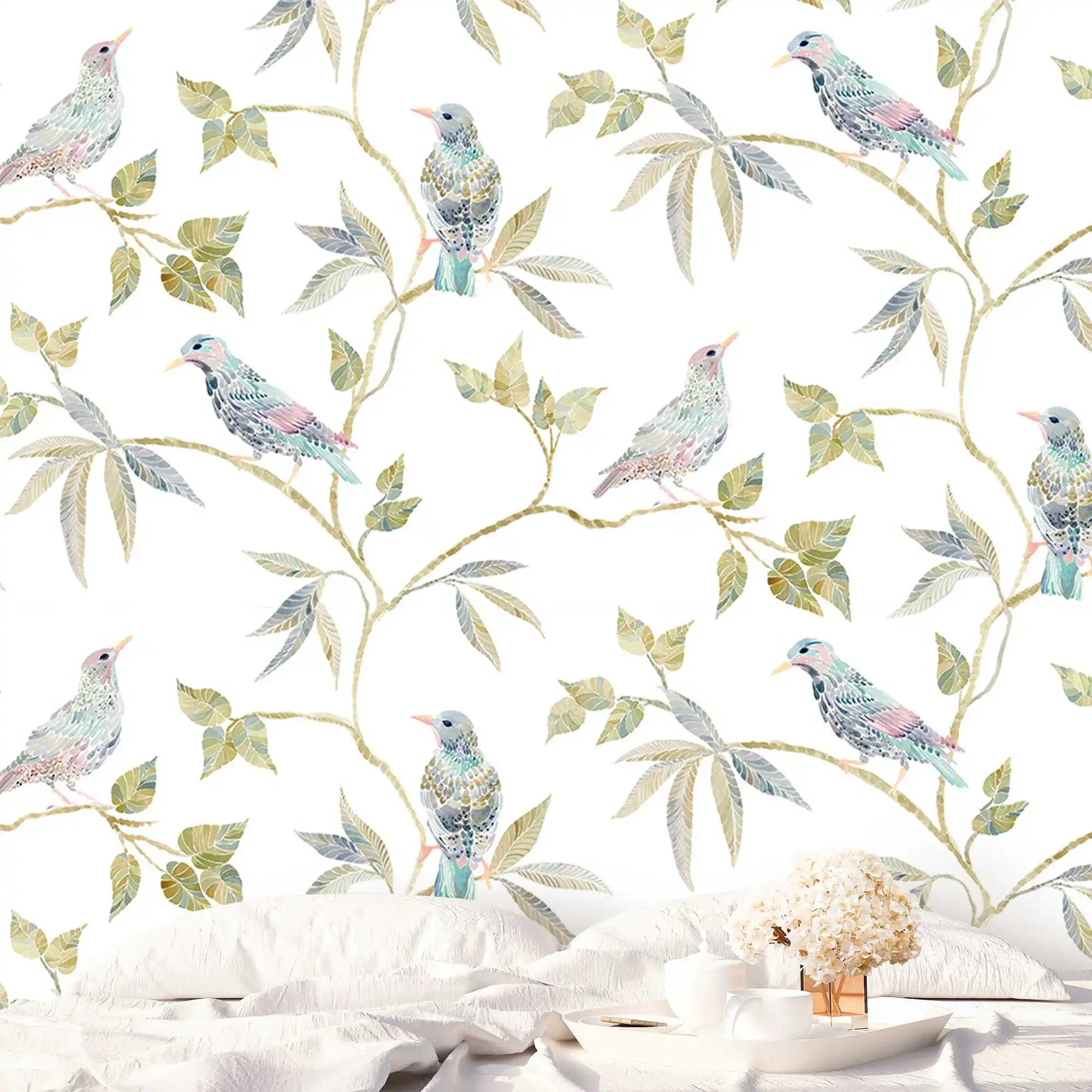 Китайские экзотические цветочные обои в восточном стиле с ветки дерева птицей