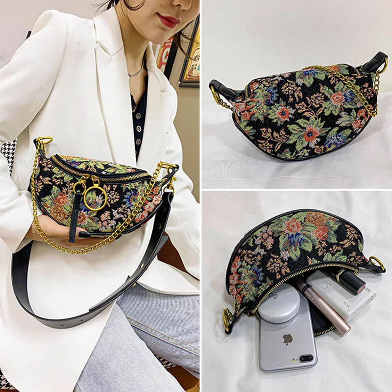 

Winter New Fanny Pack Purse Flowers Waist Belt Bag For Woman Crossbody Chest Pack Fashion Dumpling Canvas Waist Bag Phone Pack