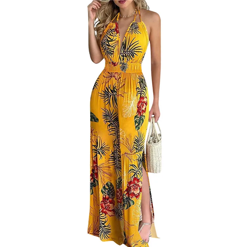 

Summer Women Sexy Floral Print Jumpsuits Boho Sleeveless Backless Long Overalls Rompers Female Beach Loose Jumpsuit