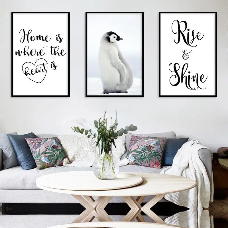 Nordic Modern Black and White Motto Letter Penguin Animal Canvas Painting Spray Color Poster Kids Baby Nursery Room Wall Picture | Дом и сад