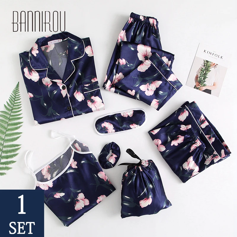 

BANNIROU Women's Pajamas Pyjamas For Women 7 Piece Pajama Sets Woman Sleepwear Pajamas For Women Woman Pijama Silk Pajamas
