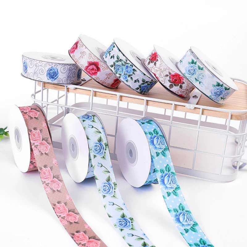 5 ярдов/партия 25 мм ленты в рубчик с принтом розы|Ленты для шитья| |