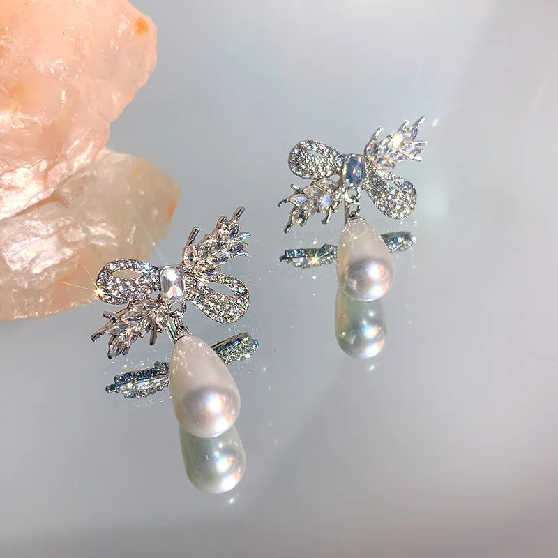 

Micro Pave Zircon Bowknot Water Drop Pearl Earrings For Women Korean Style Delicate New Jewelry bijoux
