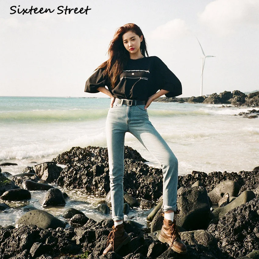 

Women's High Waist Jeans Korean Summer New Skinny Jean Slim Femme Holes In Light Blue Pencil Pants Aesthetic Y2K Fashion 2021