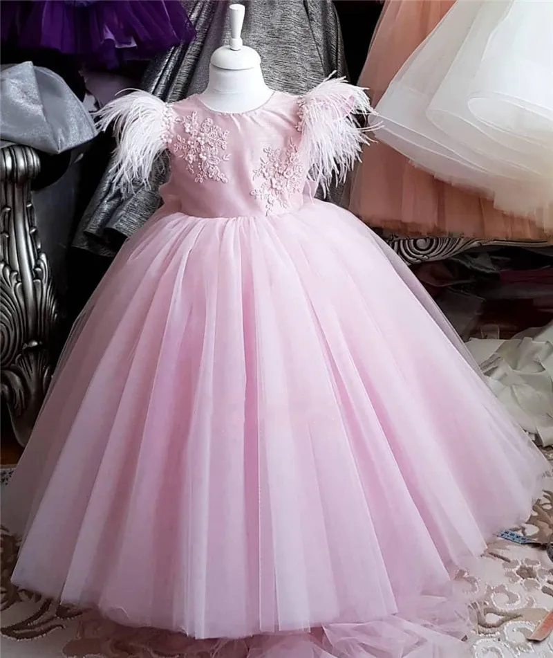 New Pink Baby Girls Dresses Lace Feather Long Kids Clothes Infant Toddler Children First Birthday Dress for Ceremony