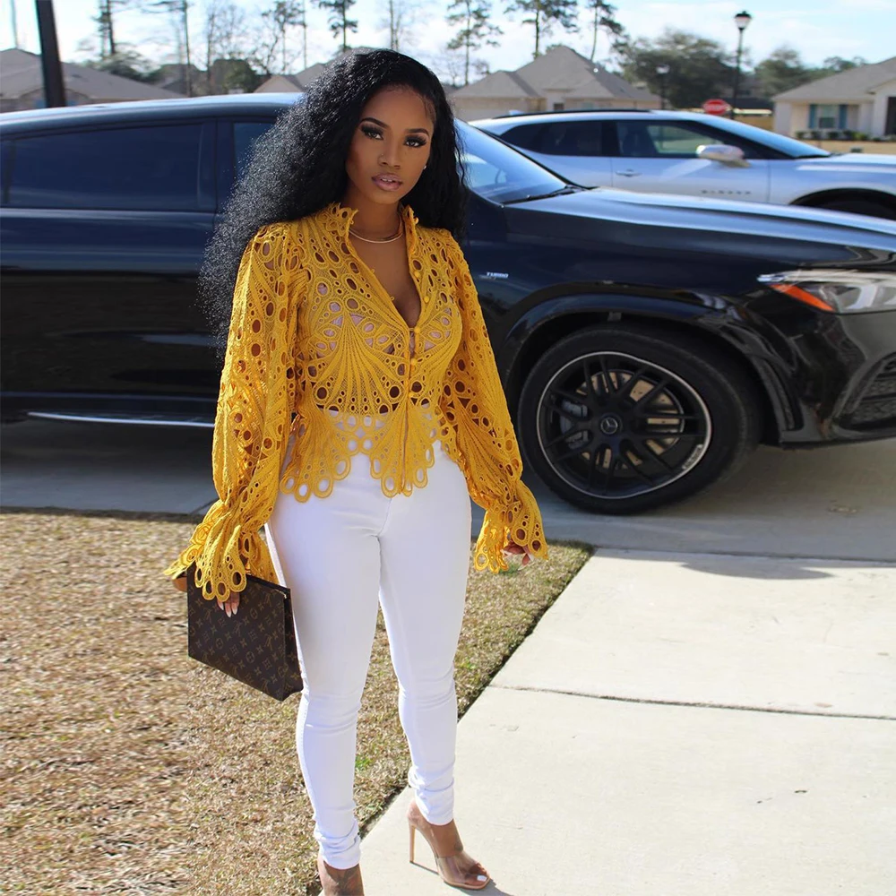 

Черная/белая/Желтая Женская ажурная блузка, шикарная однобортная рубашка с расклешенным рукавом, женские офисные Прозрачные топы