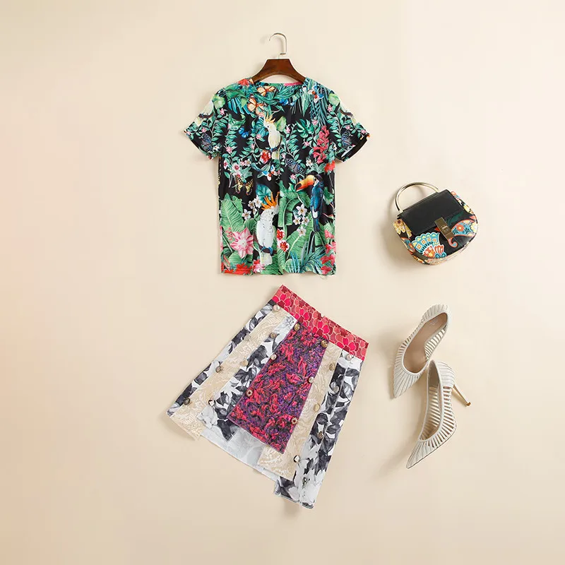 

Runway Holiday Sets Suits Women's Short Sleeve Printed Diamond Tees Top With Buttons Jacquard Skirt Two Pieces Sets
