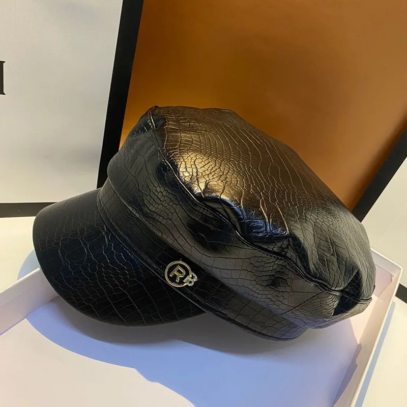 Осенне зимний натуральный Британский Ретро Черный берет из искусственной кожи