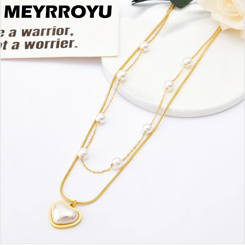 

MEYRROYU Stainless Steel New Romantic 2 Layer Pearl Heart Pendant Necklace For Women Girl Gift Trend Chain Fashion Jewelry Party