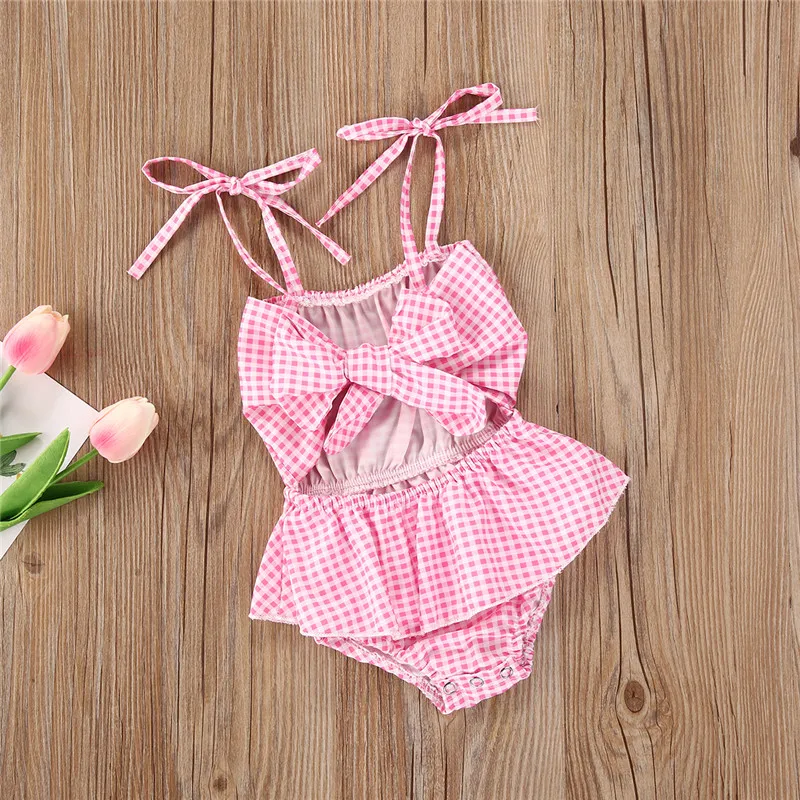 

Sweet Summer Infant Baby Girls Rompers Pink Plaid Print Bowknot Sleeveless Jumpsuits Baby Girls Strap Hollow Out Romper 0-24M