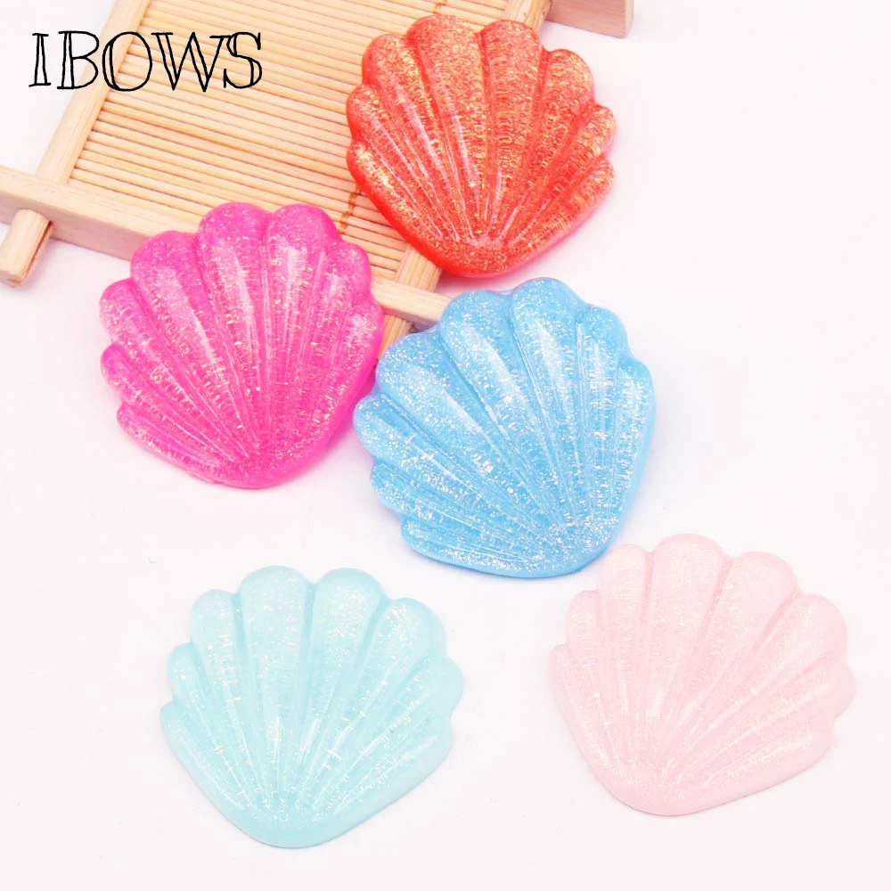 

IBOWS 5pcs Flat Back Resin Shiny Glitter Shell Flatback Resin Cabochon for DIY Phone Case Decoration Hair Accessories Scrapbook