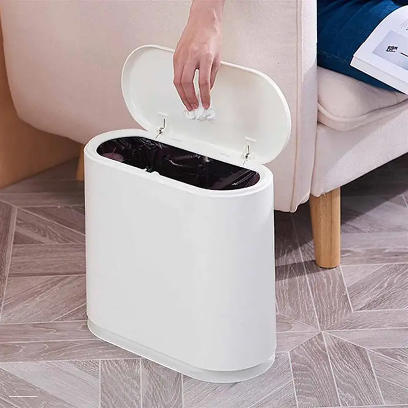 

Slim Plastic Trash Can 10L Garbage Can with Press Top Lid,White Modern Waste Basket for Bathroom,Living Room,Office and Kitchen