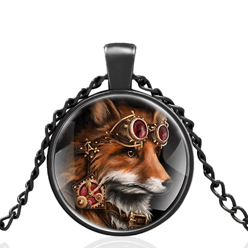 

Classic Steampunk Fox Black Glass Cabochon Cool Punk Style Men Women Pendant Necklace