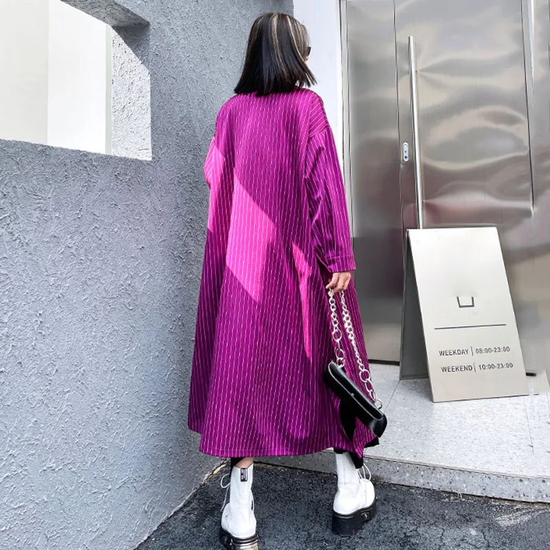 

SeeBeautiful Striped Overknee Loose Trench Coat Lapel Long Sleeve Double Breasted Windbreaker New Fashion 2021 Spring Women E150