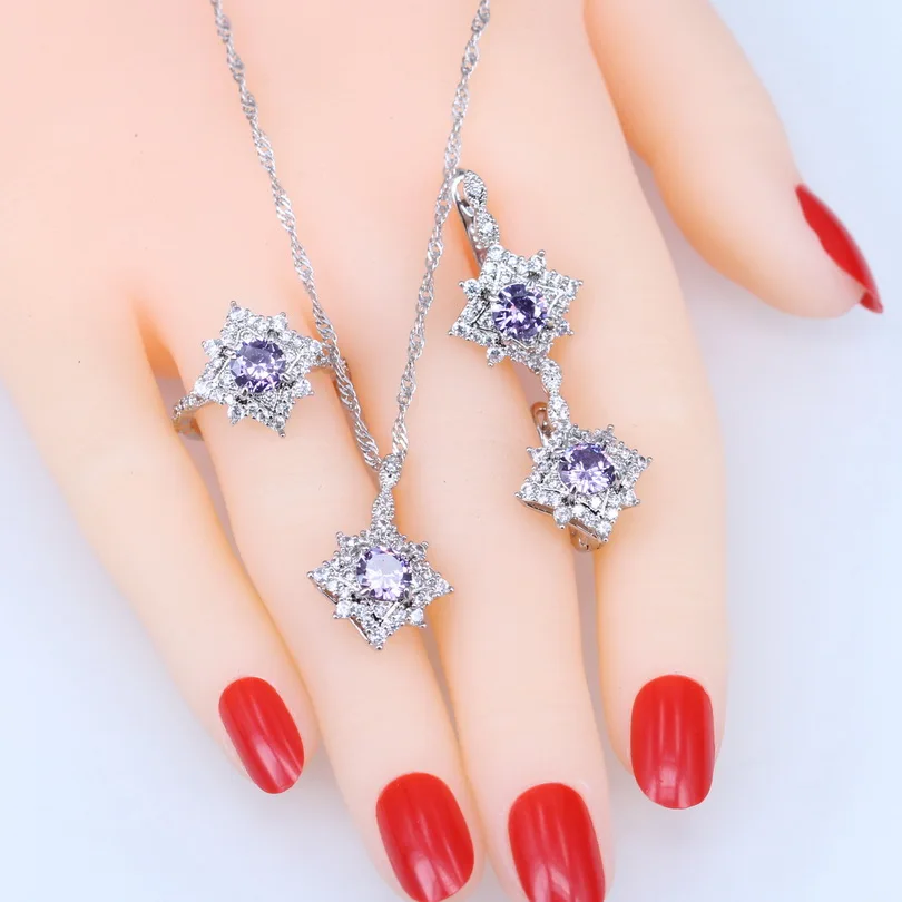 Женский сиреневый Циркон 925 серебряные ювелирные наборы женские свадебные