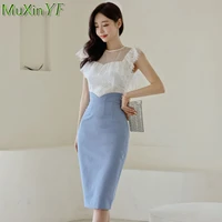 korean graceful ruffles lace 2 pcs clothing set women summer 2021 new office lady sleeveless shirt and wrap hip skirts suit