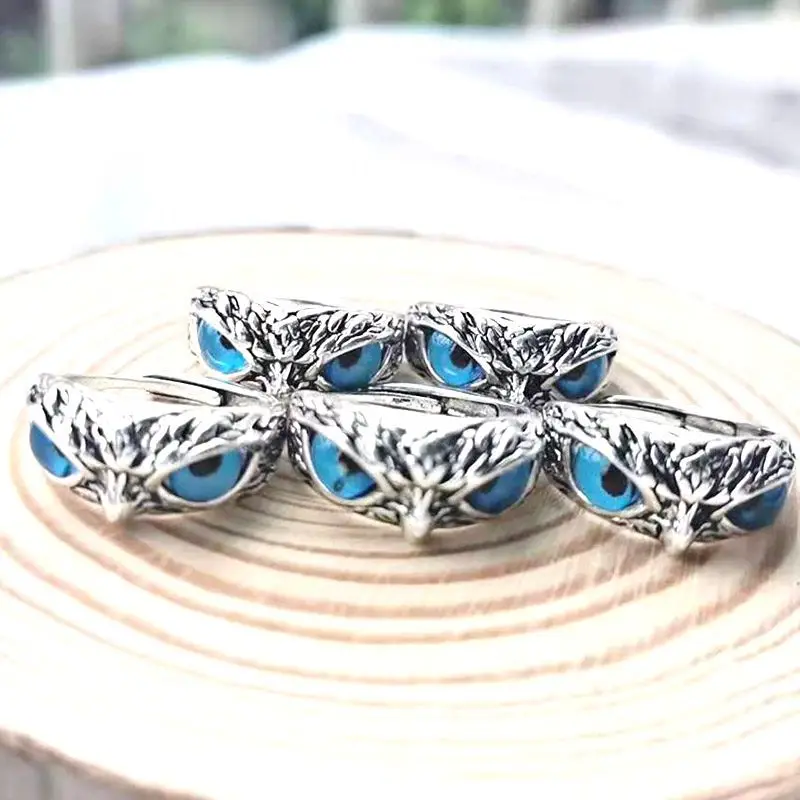 

New retro plain silver blue eye owl ring devil's eye ring jewelry