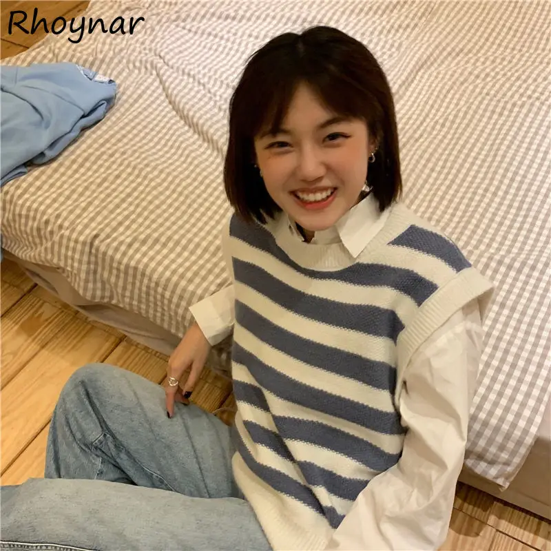 

Sweater Vests Women Sleeveless Casual Students All-match Striped Ulzzang Chic Knitting Fashion Streetwear Girls Harajuku New Ins