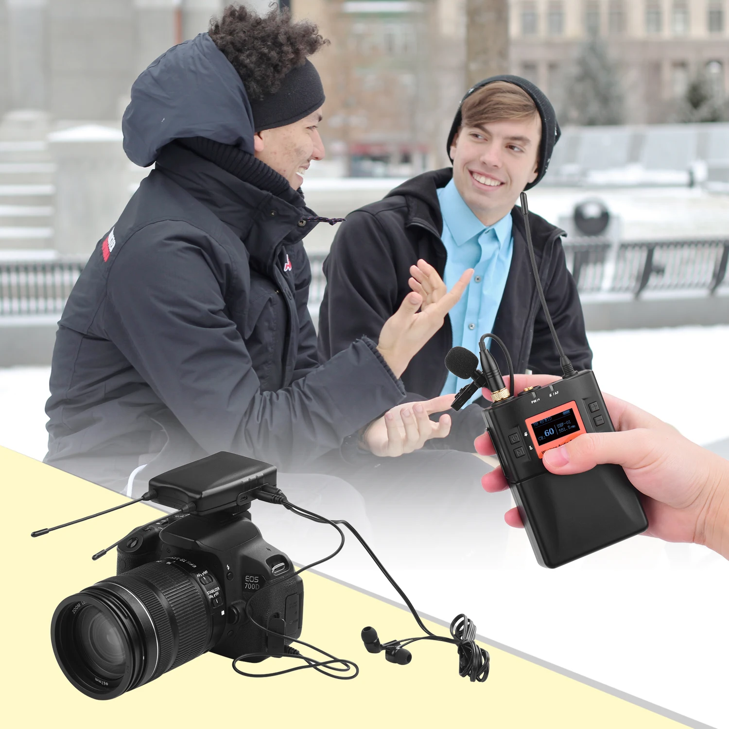 

Lavalier Microphone System Wireless MIC Photography UHF 60-channels Dual Transmitters One Receiver for DSLR Camera Smartphone