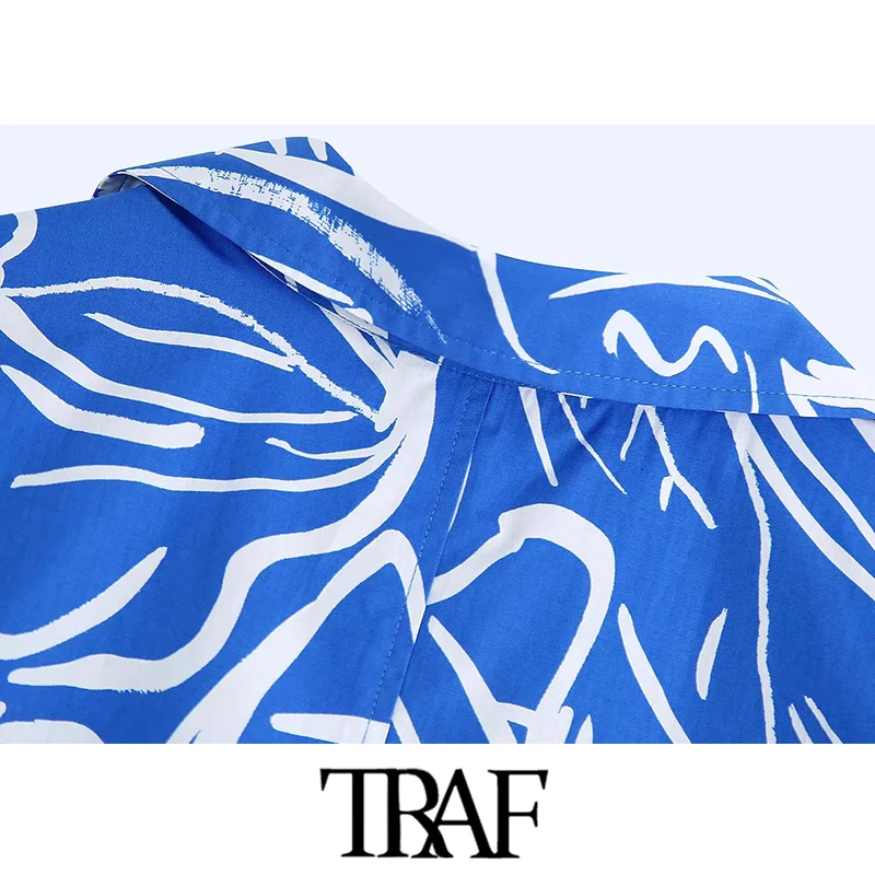 

TRAF Women Fashion With Knot Printed Cropped Blouses Vintage V Neck Wide Sleeve Female Shirts Blusas Chic Tops