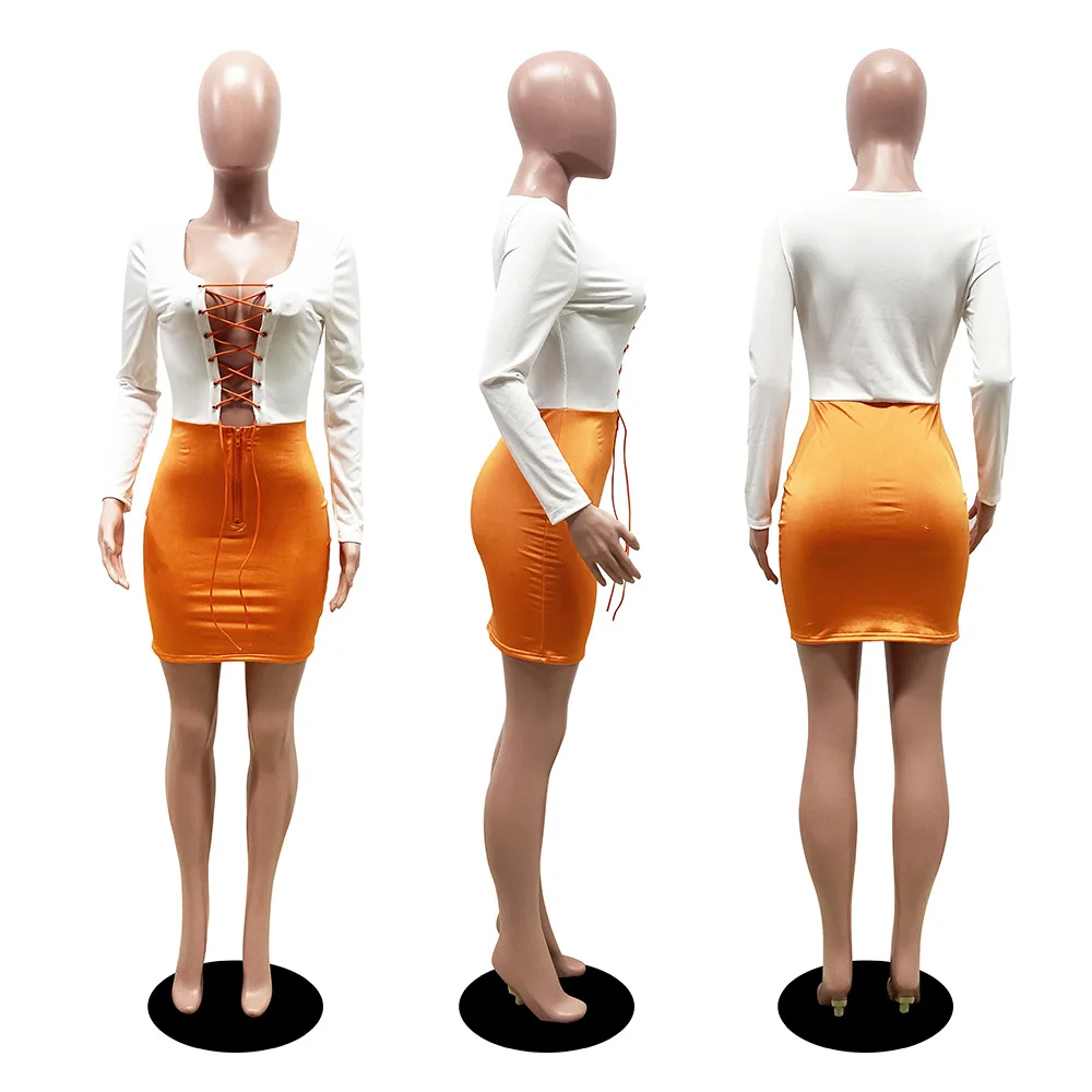 

Women Dress Sexy Hollow Out Lace Up Long Sleeve Front Stretch Bandage Patchwork Club Party Night Dresses Winter Fall Clothes