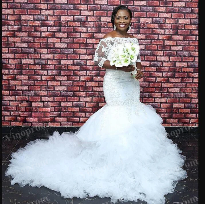 

Vestido De Noiva Wedding Dresses Plus Size Black Woman 2021 Bridal Gowns Sexy Lace applique Africa Long Sleeves Mermaid wedding